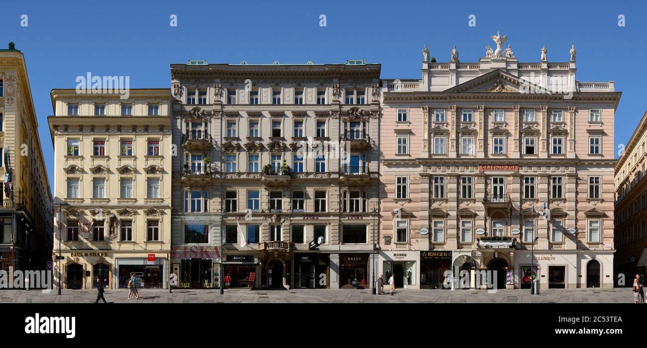 Vienna, Austria, Der Graben with the Palais Bartolotti-Partenfeld (the only baroque building on the Graben), a Wilhelminian style building by Ludwig R Stock Photo