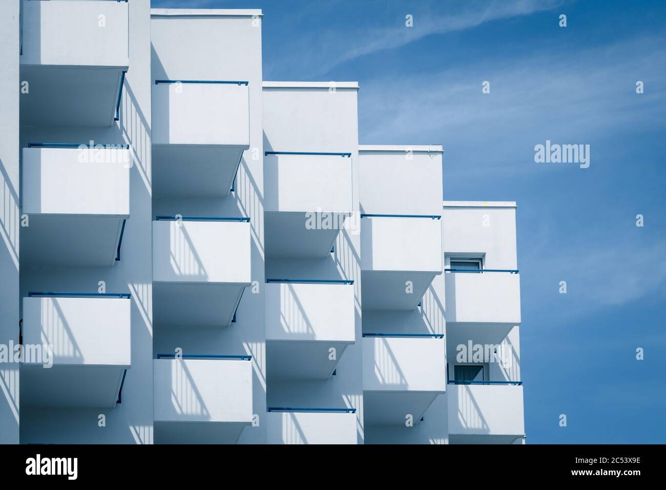 Blue Building Side View Building with evenly protruding white-blue balconies, Side view Stock ...