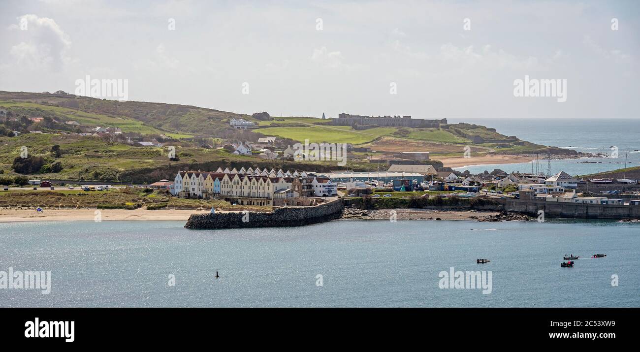 Braye beach and the harbour on Alderney, Channel Islands Stock Photo