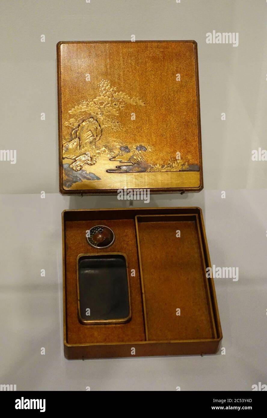 Inkstone box (suzuribako) with intertwined pine and cherry tree design, Japan, Edo period, early 1600s AD, lacquer on wood, silver, stone, metal, enamel Stock Photo