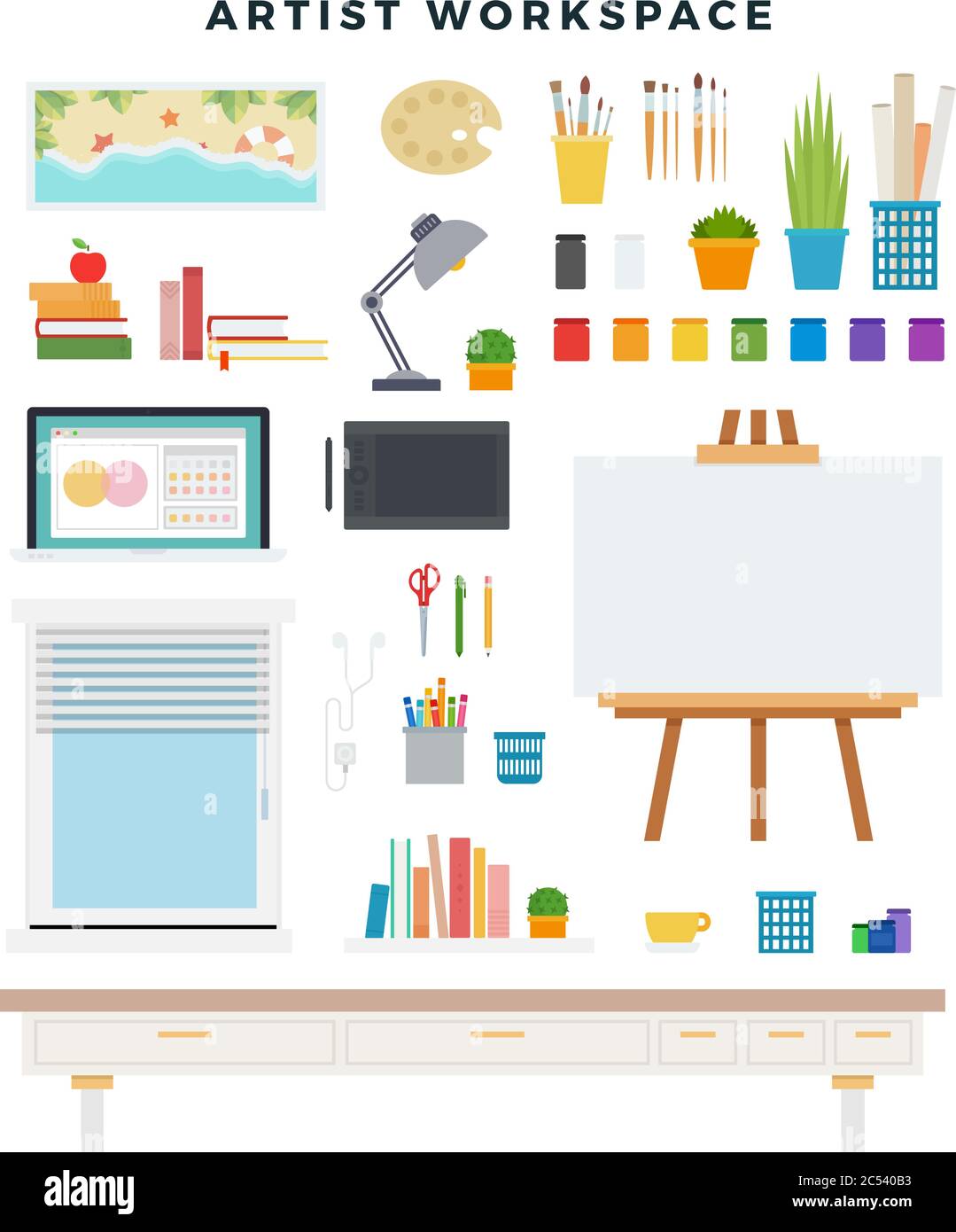 Workspace of creator, artist, designer, set of elements. Everything for