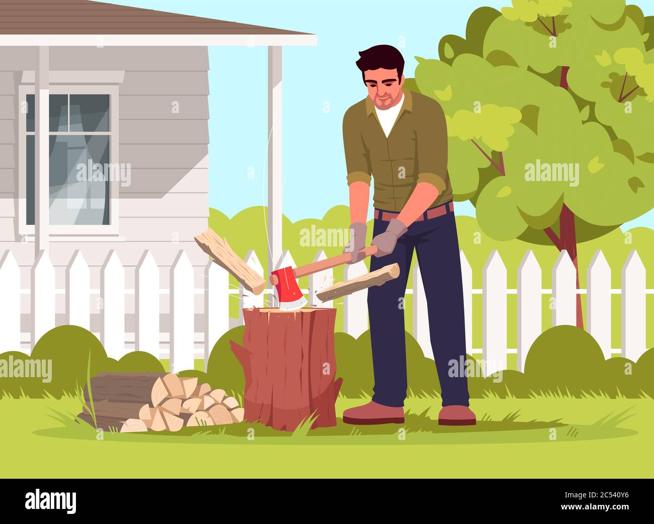 Lumberjack working in garden semi flat vector illustration Stock Vector