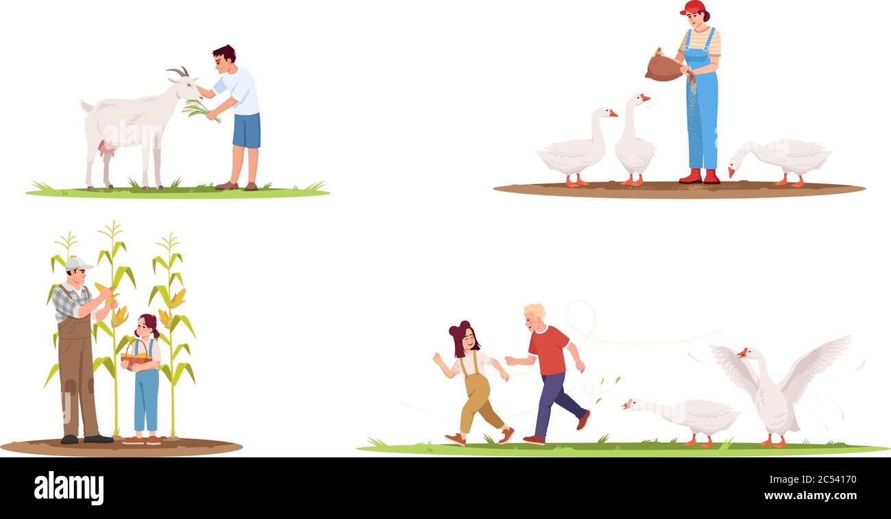 Farm animals with owners semi flat vector illustration set Stock Vector