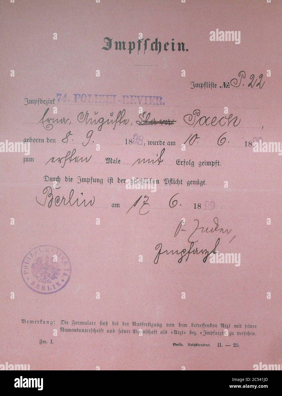 Impfschein 1899. Stock Photo