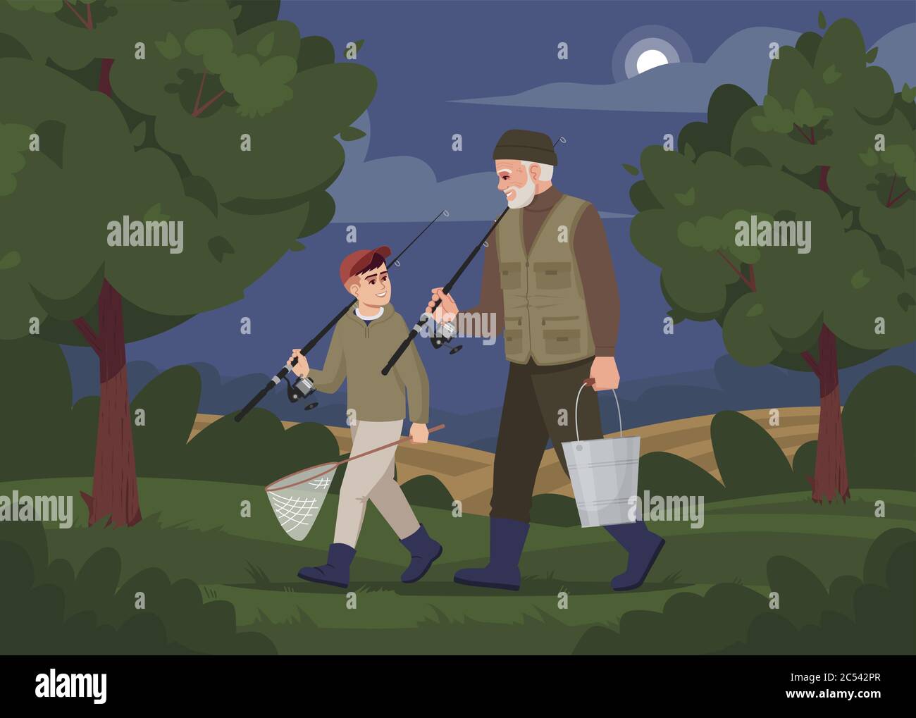 Family going fishing in evening semi flat vector illustration Stock Vector