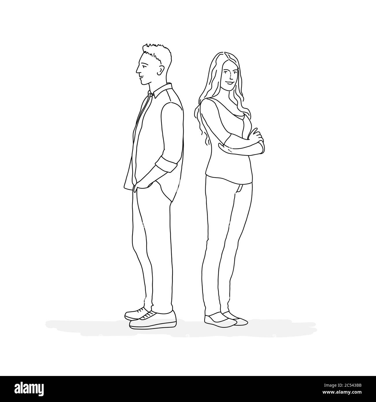 Man and woman stand with their backs to each other. Line drawing vector