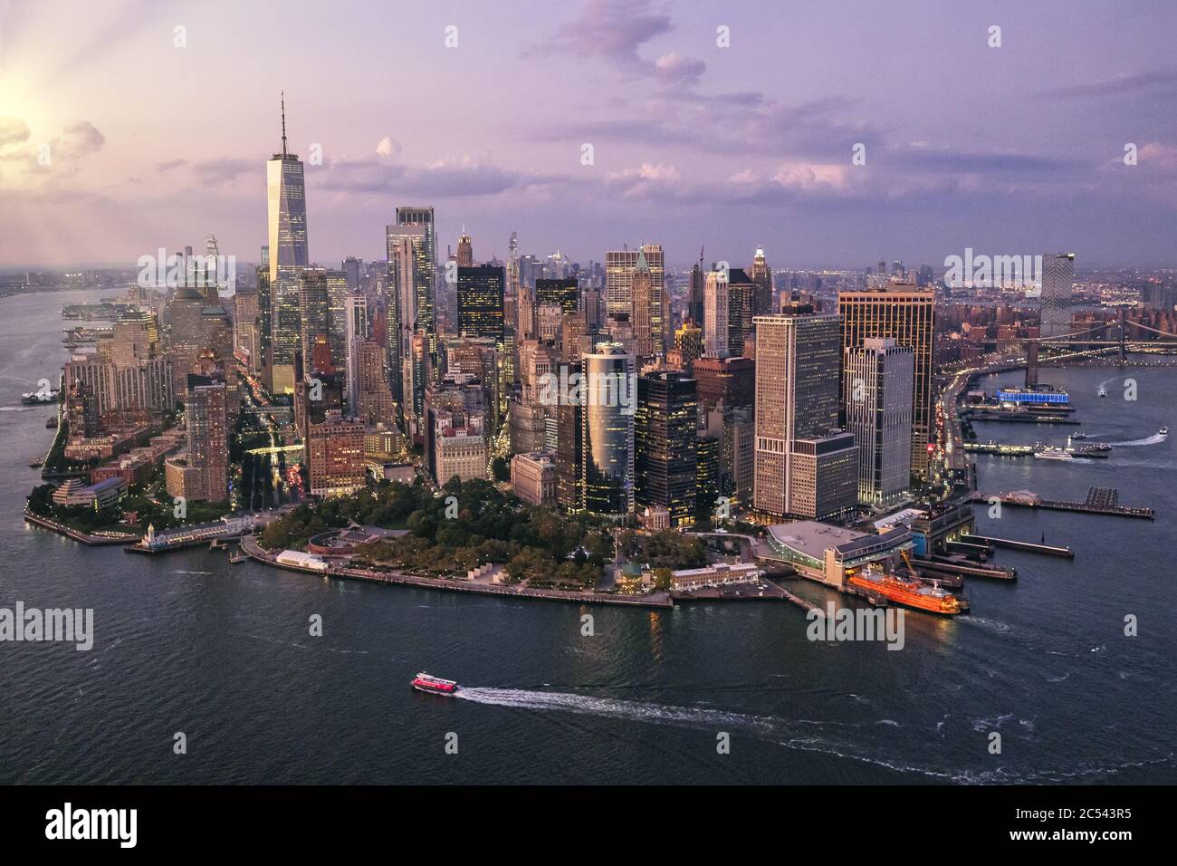 Aerial view of New York City and Hudson river during sunset Stock Photo ...