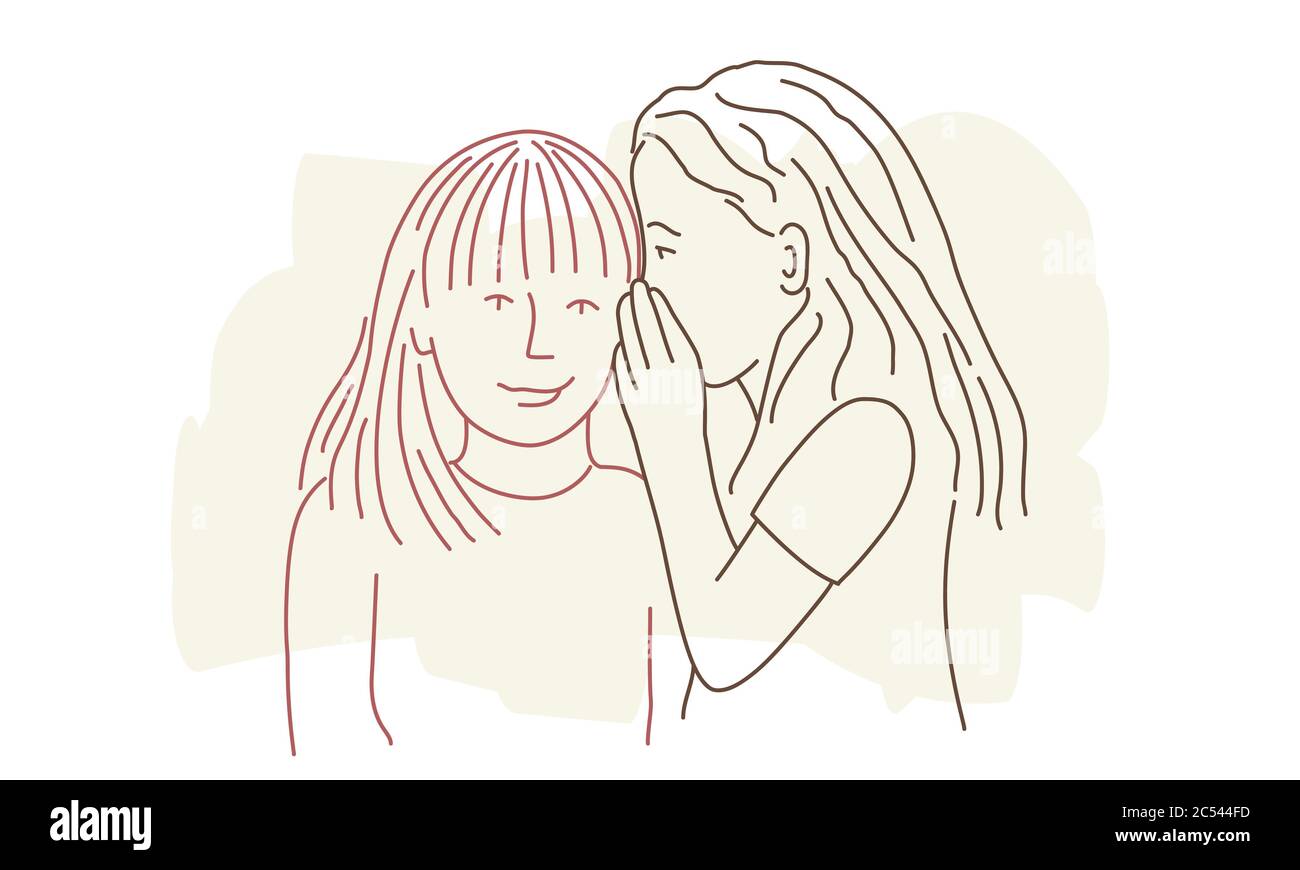 Small girl whispering something in an ear of her friend. Colour line drawing vector illustration. Stock Vector