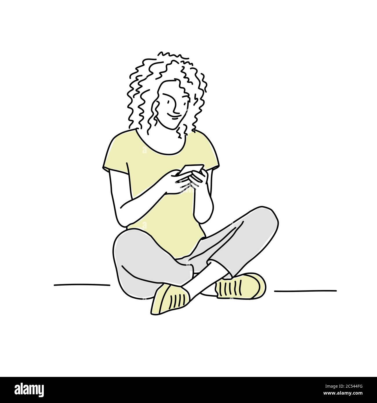 Woman sitting with legs crossed and holding mobile phone. Colour line