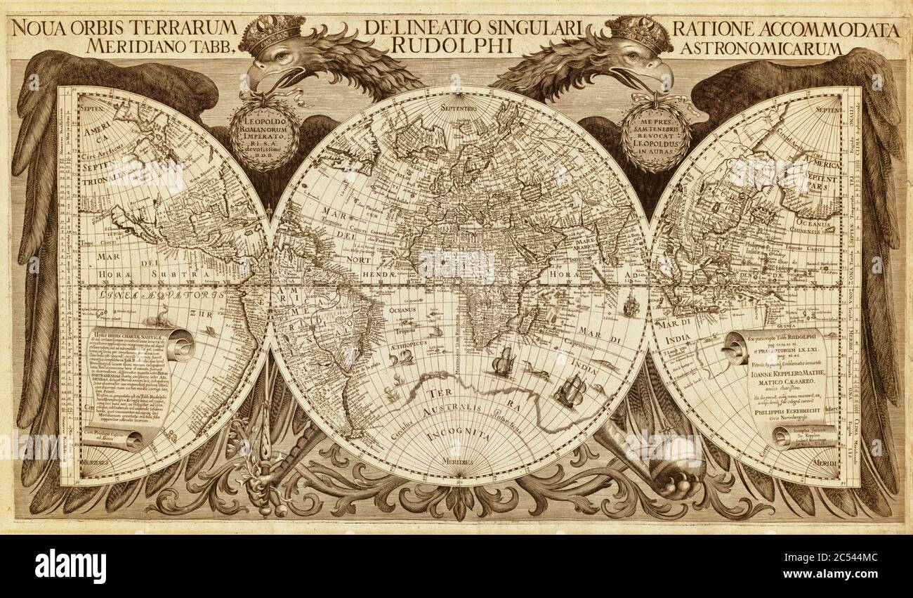 Old map of the world, printed in Nuremberg, Germany, in 1630 Stock Photo