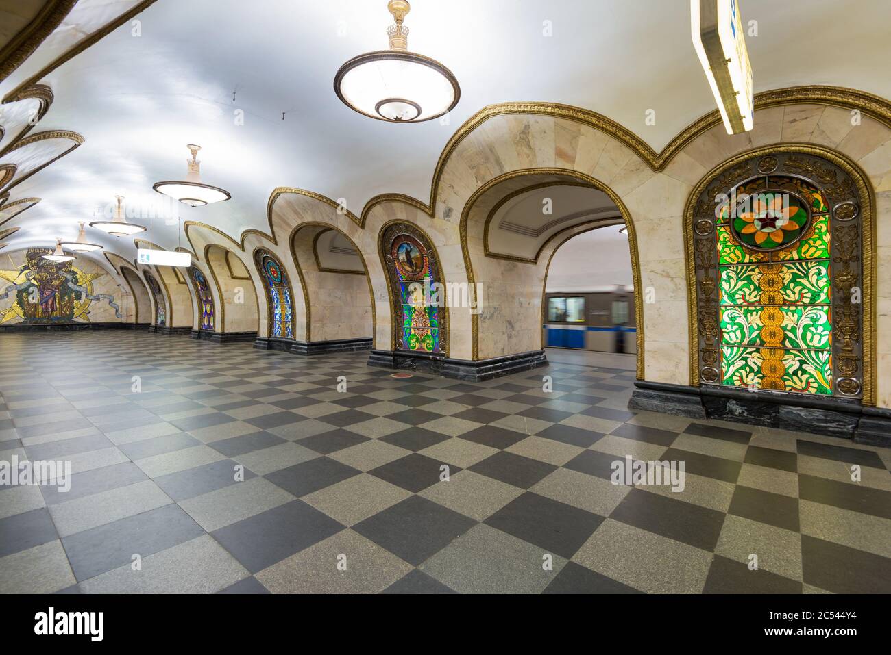 MOSCOW - MAY 4, 2013: The metro station Novoslobodskaya at night in Moscow, Russia. Metro station Novoslobodskaya is a beautiful monument of Stock Photo