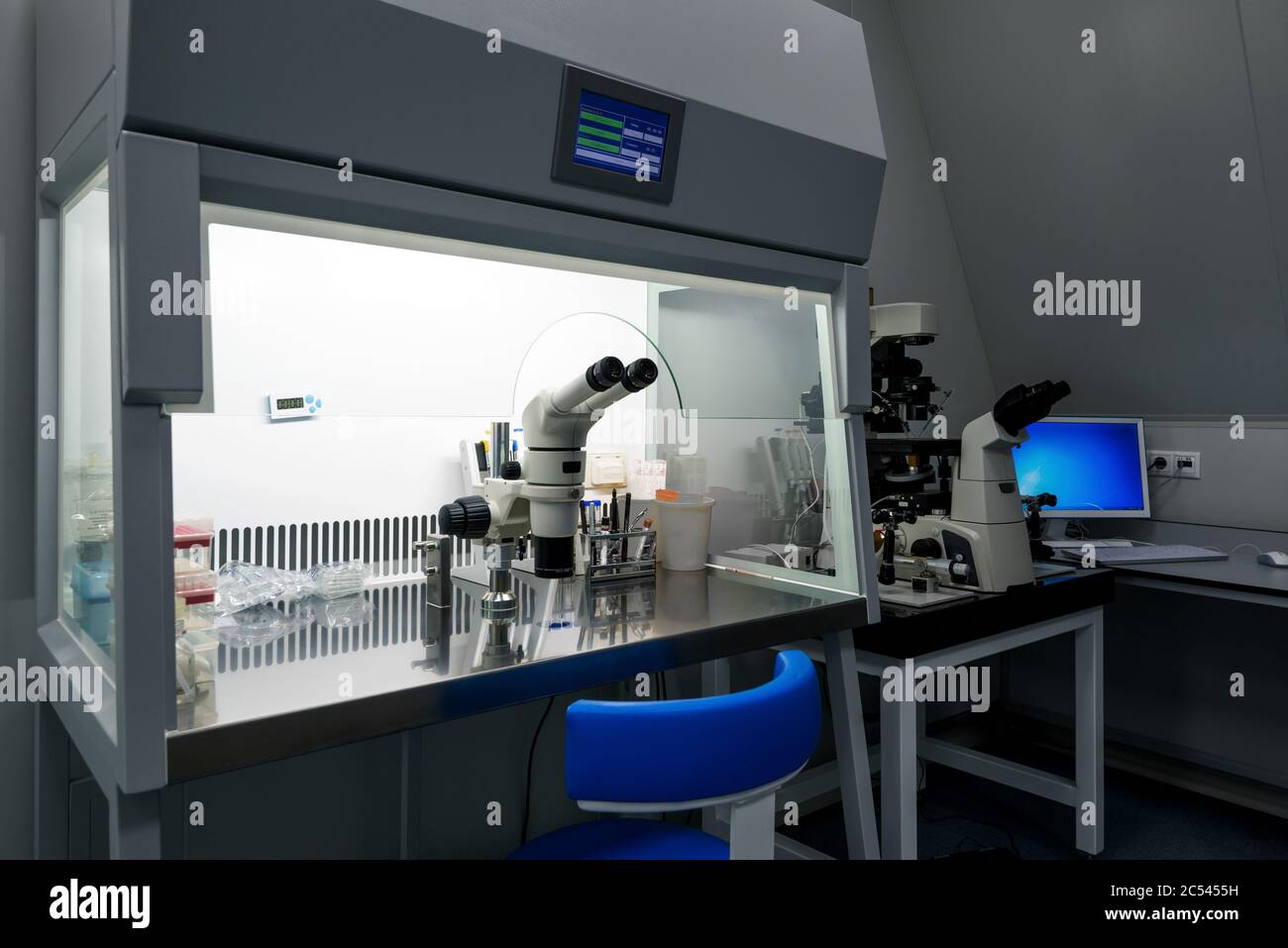 Equipment for research in a medical laboratory,  microscopes and computers Stock Photo