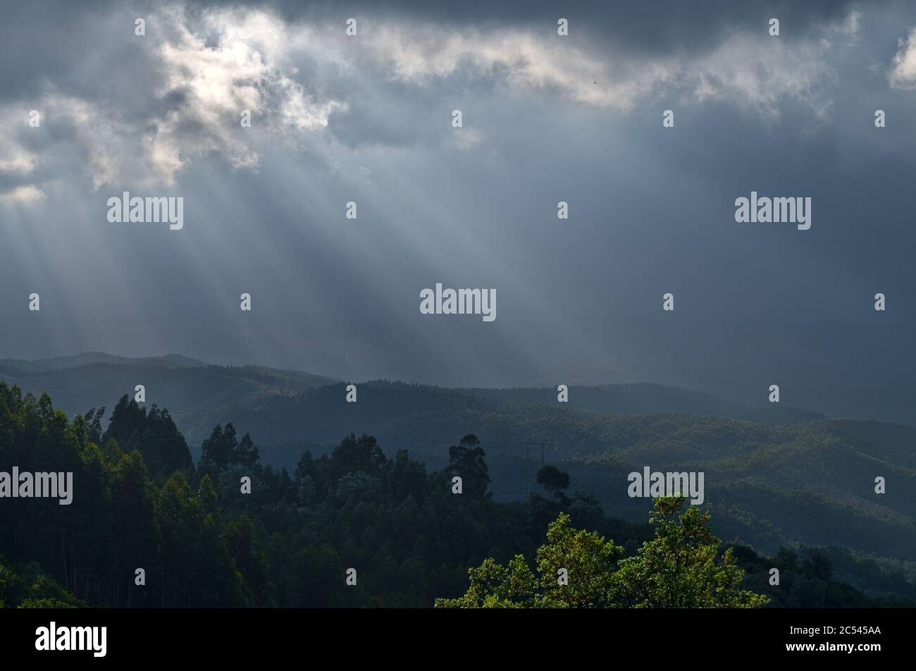 Sunrays over the mountain valleys of Monchique in Algarve, Portugal Stock Photo