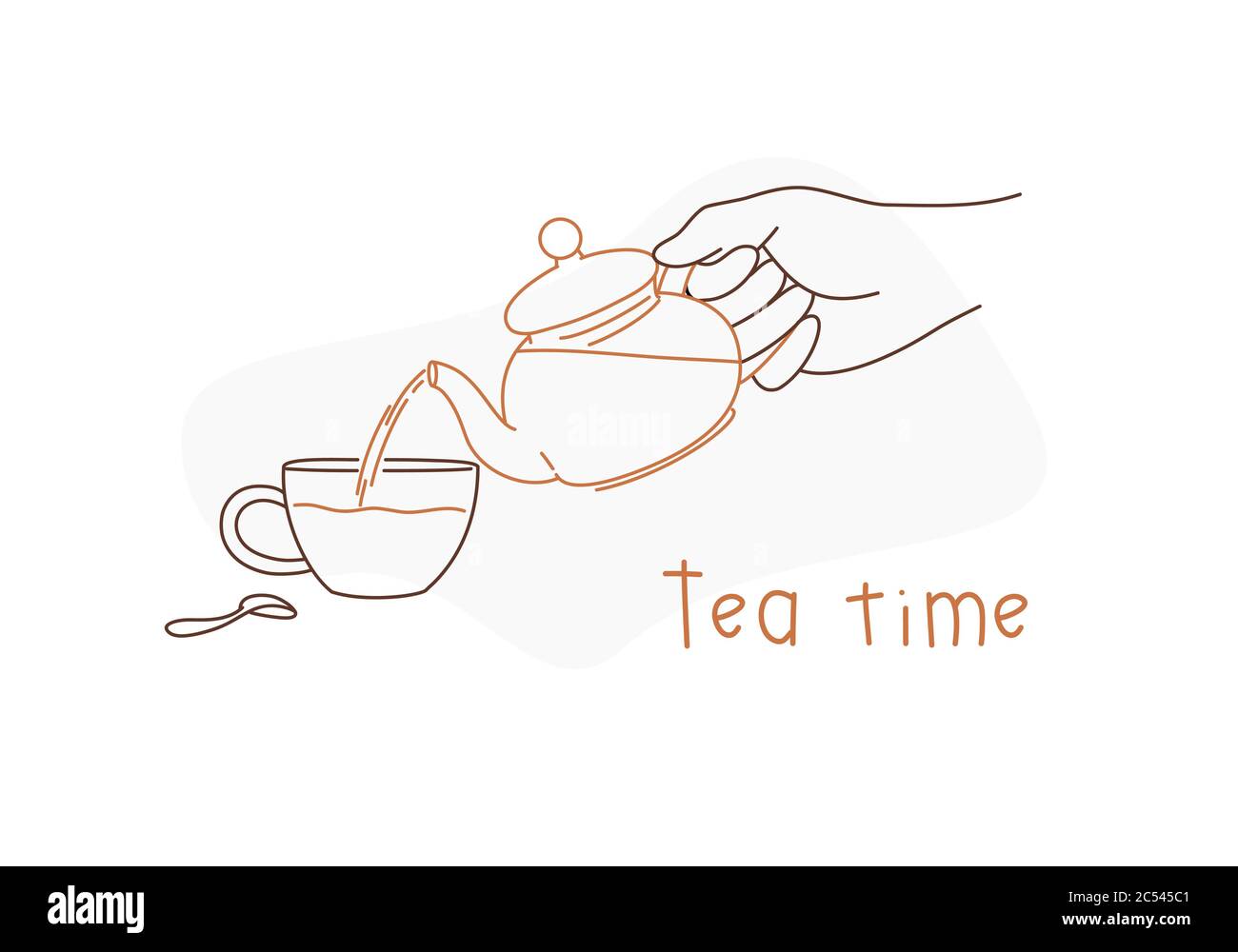 Hand holding teapot pouring tea in cup. Tea time card. Line drawing