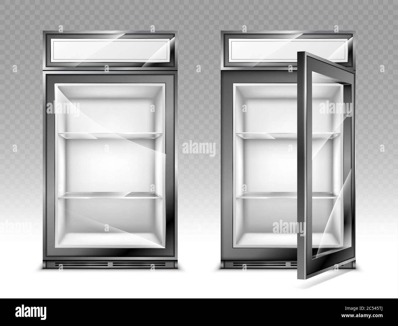 Mini refrigerator for beverages with advertising digital display and transparent close and open glass door. Empty fridge for food or drinks in store. Realistic 3d vector cooler with shelves front view Stock Vector
