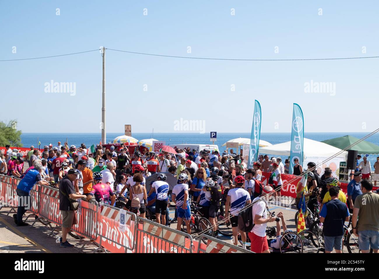 June 28, 2020, S.Maria di Leuca, South Italy, public celebrates the participants of the last stage of the relay Tricolore wanted by Alex Zanardi. Stock Photo