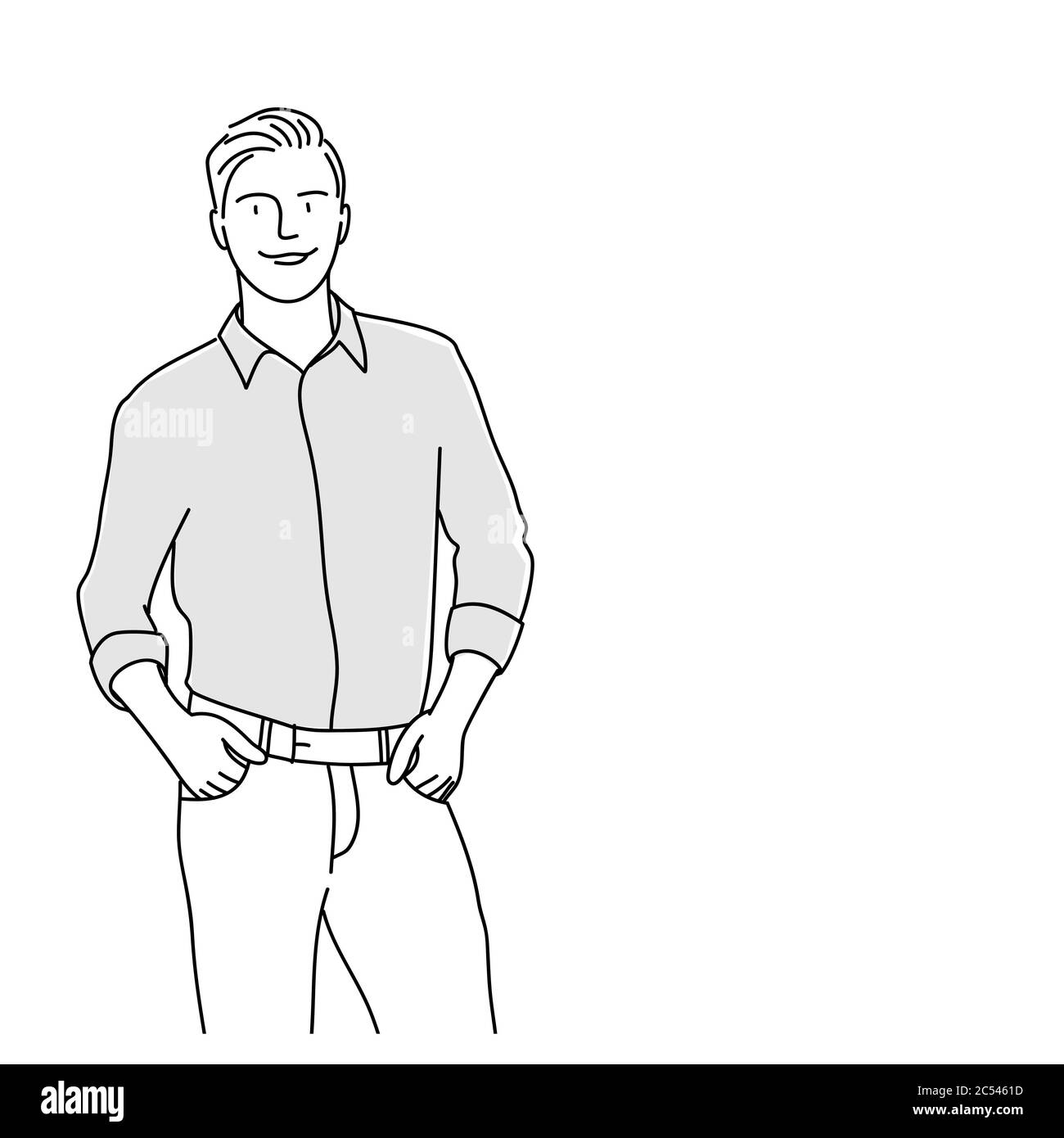 Man holding hands in pocket. Line drawing vector illustration Stock