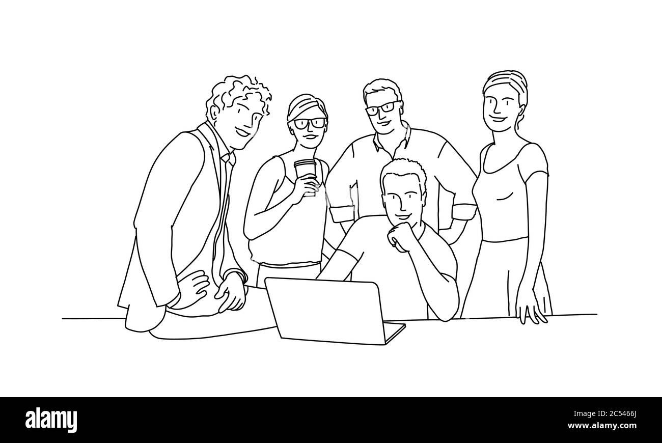 Team of five business people, two women, three men. Line drawing vector illustration. Stock Vector