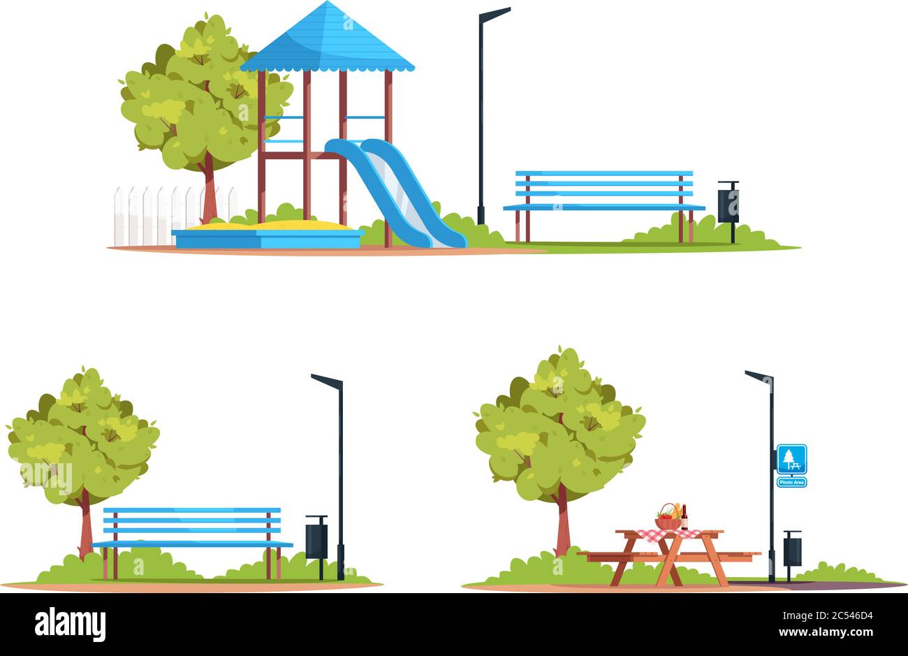 Public recreation area semi flat RGB color vector illustrations set Stock Vector