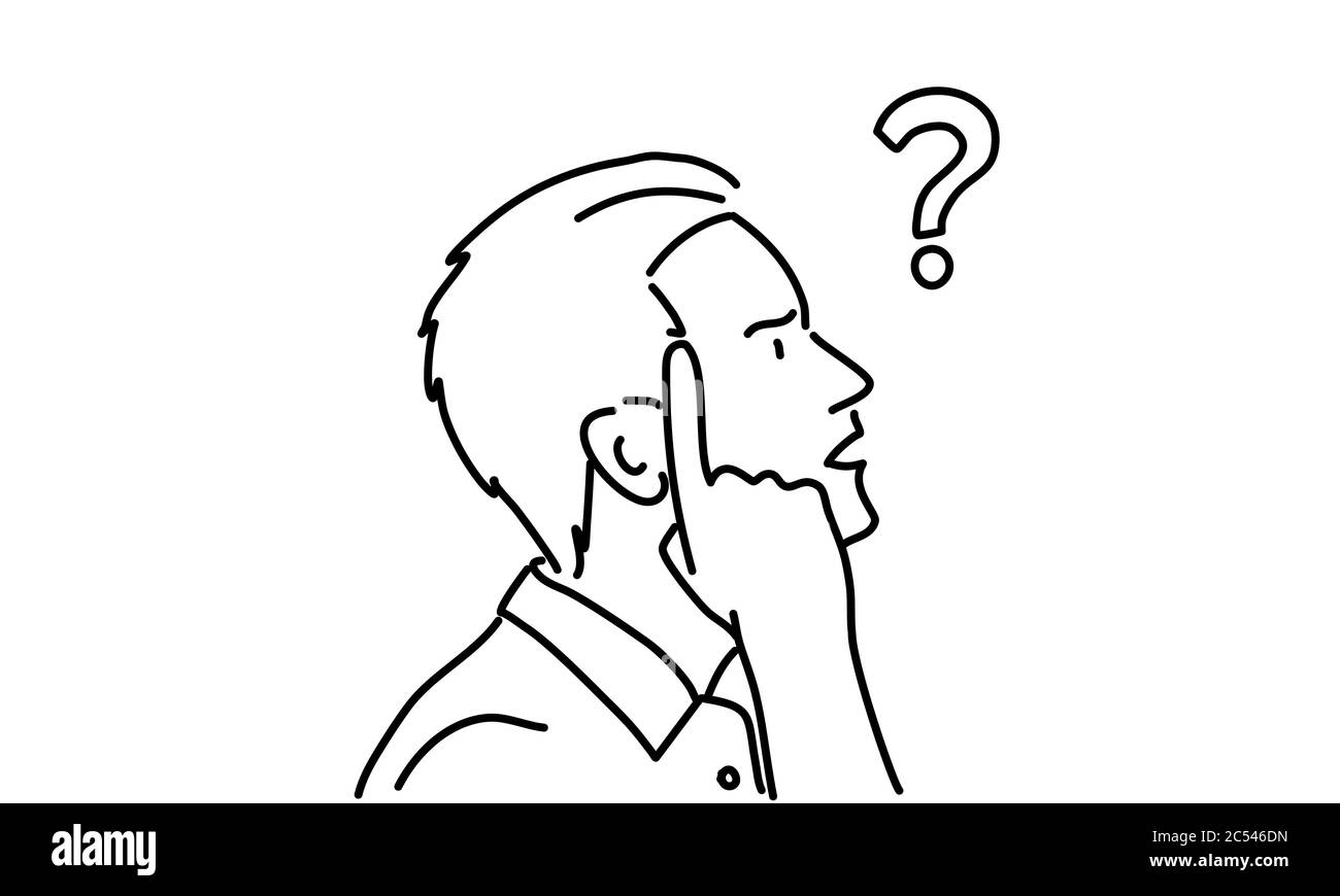 Line drawing of young businessman with a question mark. Profile. Vector illustration. Stock Vector