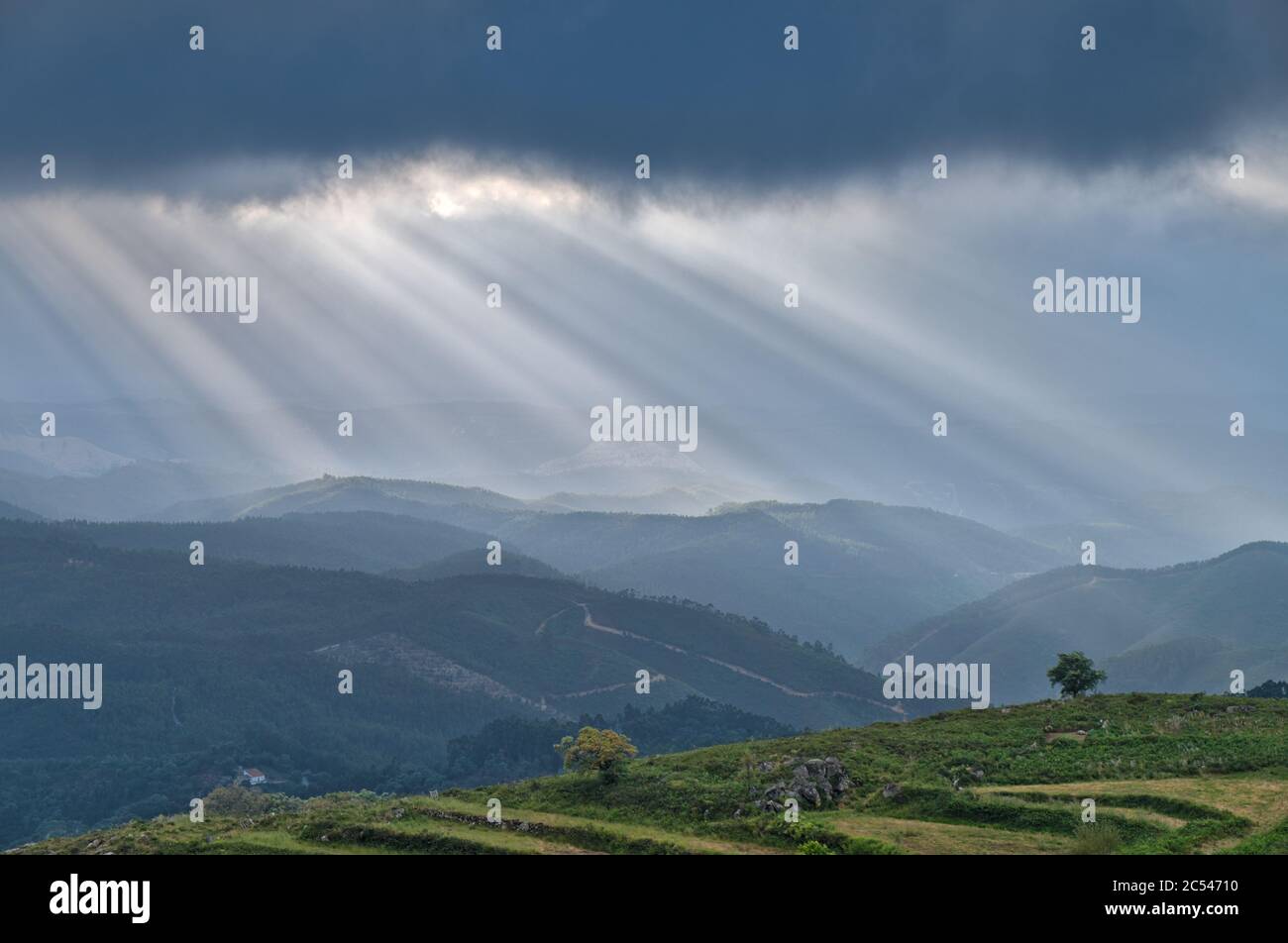 Sunrays over the mountain valleys of Monchique in Algarve, Portugal Stock Photo