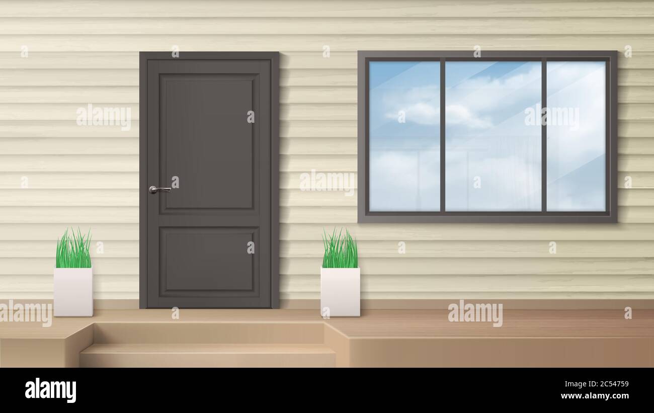 Front door, house entrance, home facade decorated with siding, window and  potted plants at stairs. Cottage, countryside building exterior design with  grass in pots, Realistic 3d vector illustration Stock Vector Image &