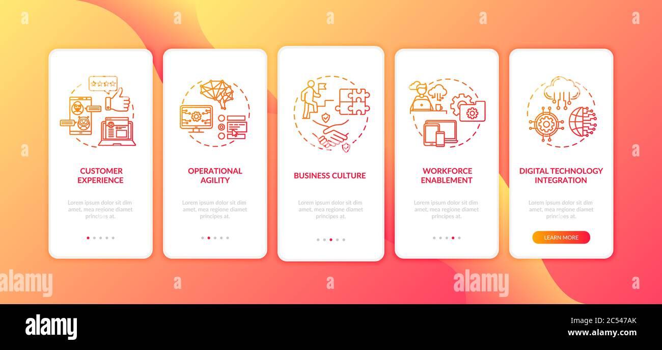 Customer satisfaction improvement onboarding mobile app page screen with concepts Stock Vector