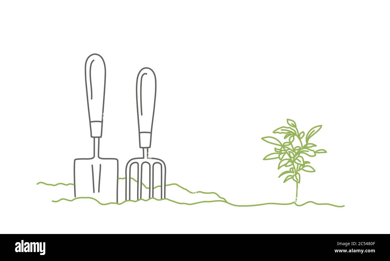 Gardening tools and sprout. Gardening or planting concept. Colour line