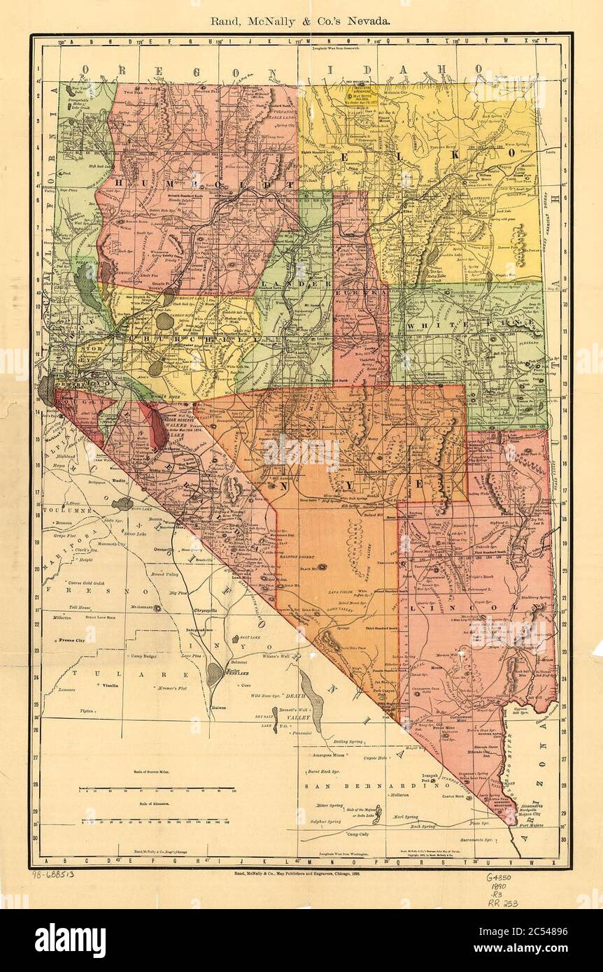 Indexed county and township pocket map and shippers guide of Nevada, accompanied by a new and origianl compilation and ready reference index, showing in detail the entire railroad network. Stock Photo