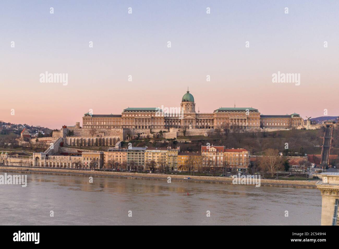 Aerial drone shot of National Gallery Buda Castle on hill during ...