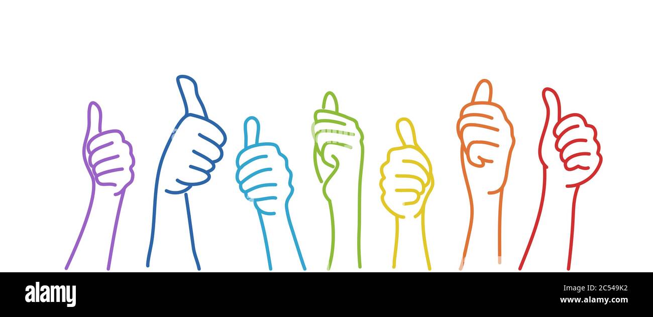 Hands showing thumbs up. Colour line drawing vector illustration. Stock Vector
