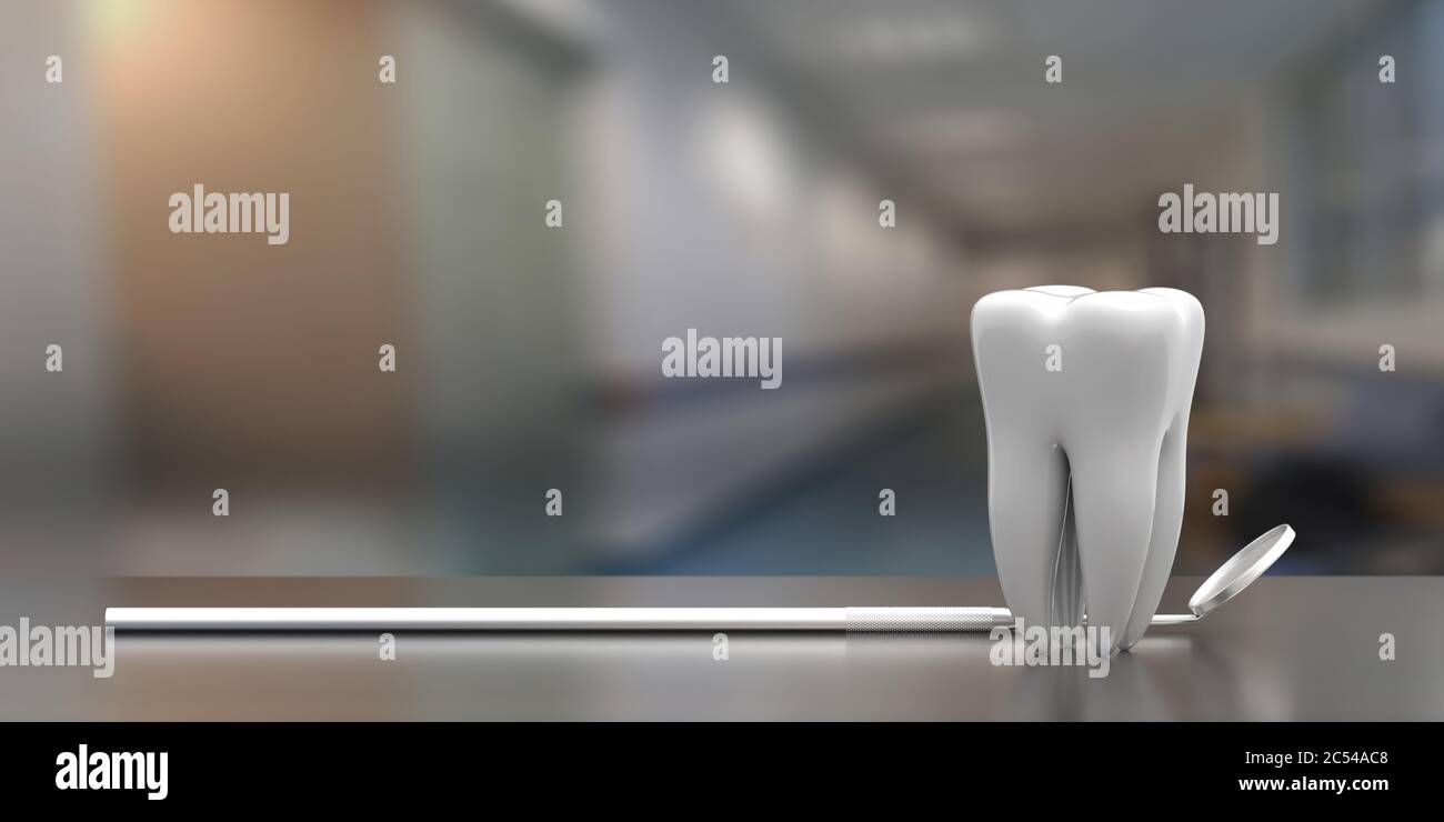Dentist mirror and a tooth model on dental clinic blur background, copy