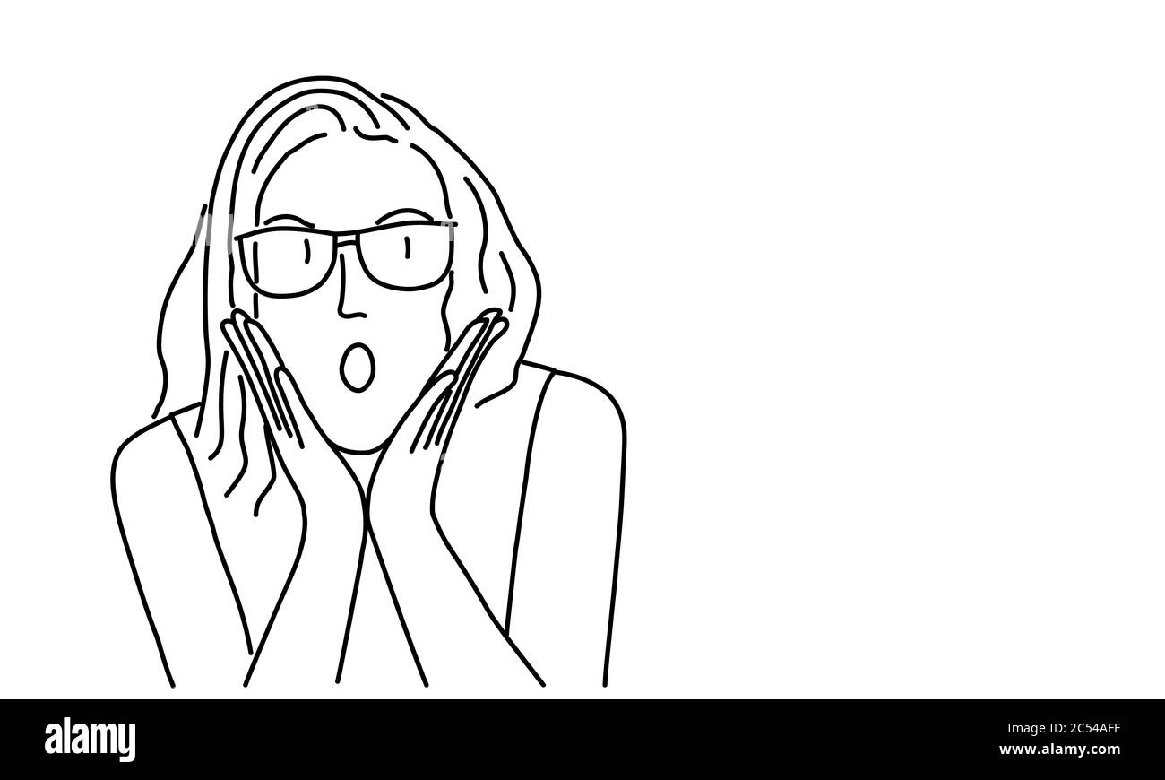 Line drawing of surprised girl with glasses. Vector illustration. Stock Vector