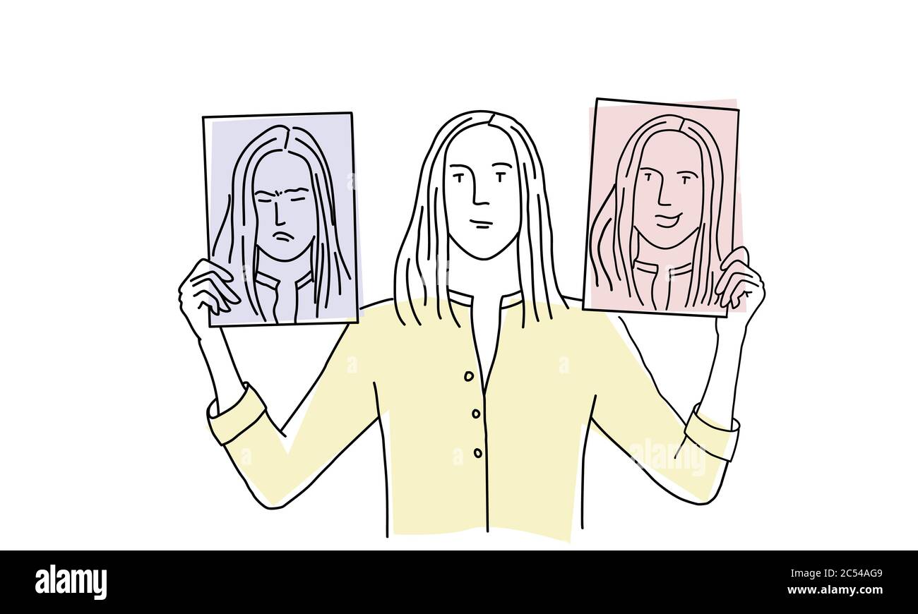 Woman Holds Two Her Face Portraits With Different Emotions Hand Drawn Vector Illustration Stock Woman Holds Two Her Face Portraits With Different Emotions Hand Drawn Vector Illustration Stock