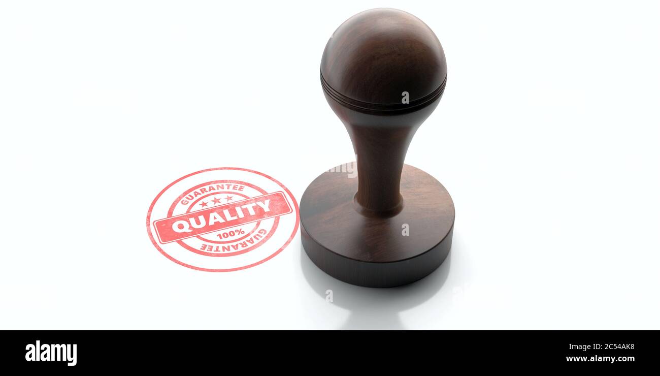 QUALITY stamp. Wooden round rubber stamper and stamp with text quality isolated on white background. 3d illustration Stock Photo