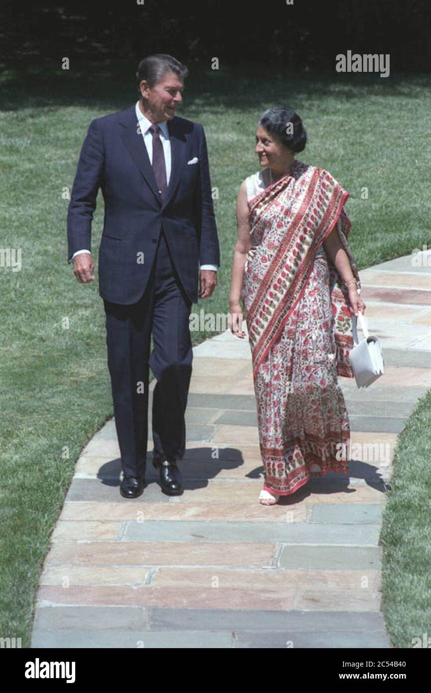 Indian Prime Minister Indira Gandhi with U.S President Ronald Reagan in 1982. Stock Photo