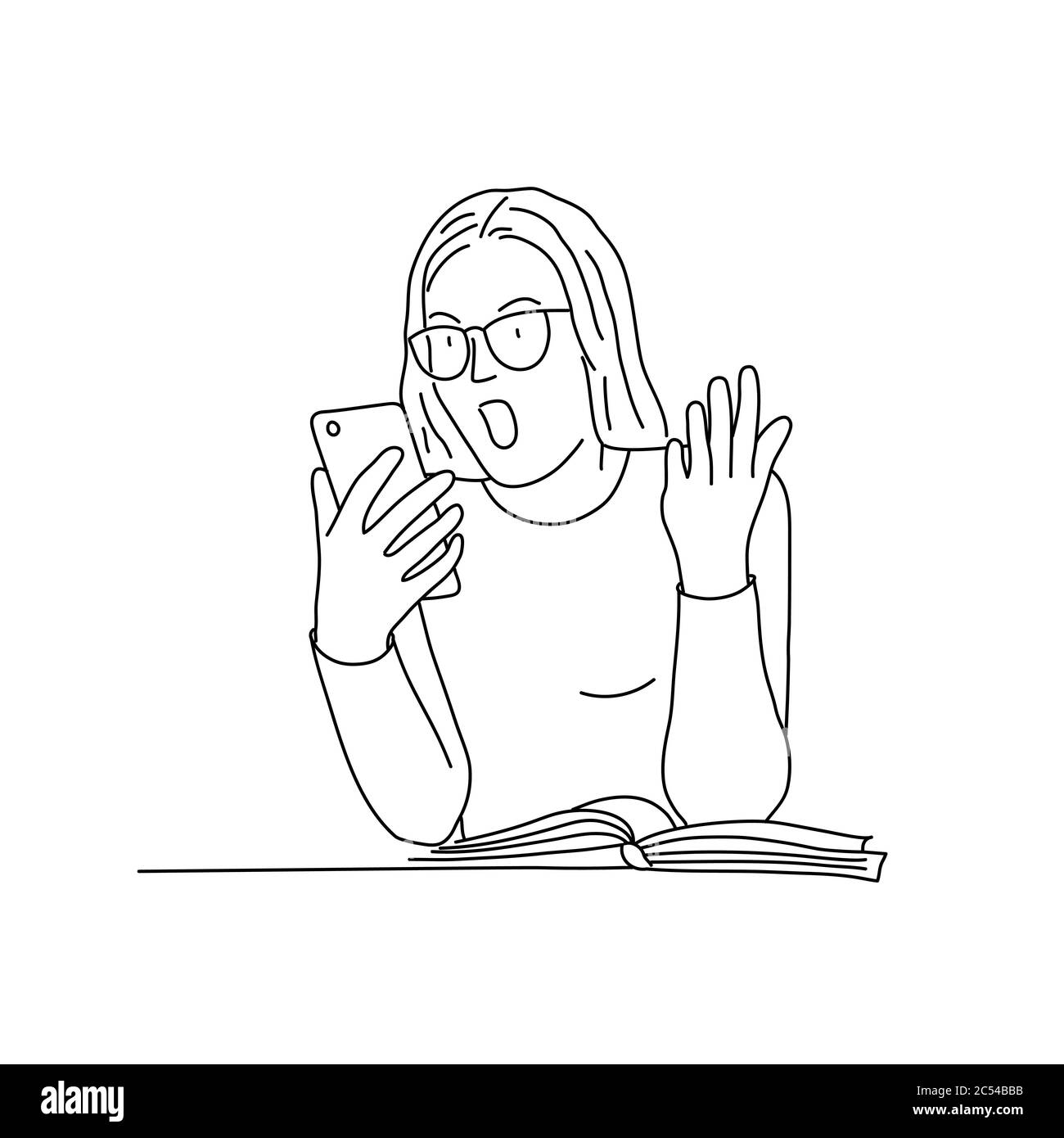 Line drawing of surprised girl with glasses and mobile phone. Vector illustration. Stock Vector