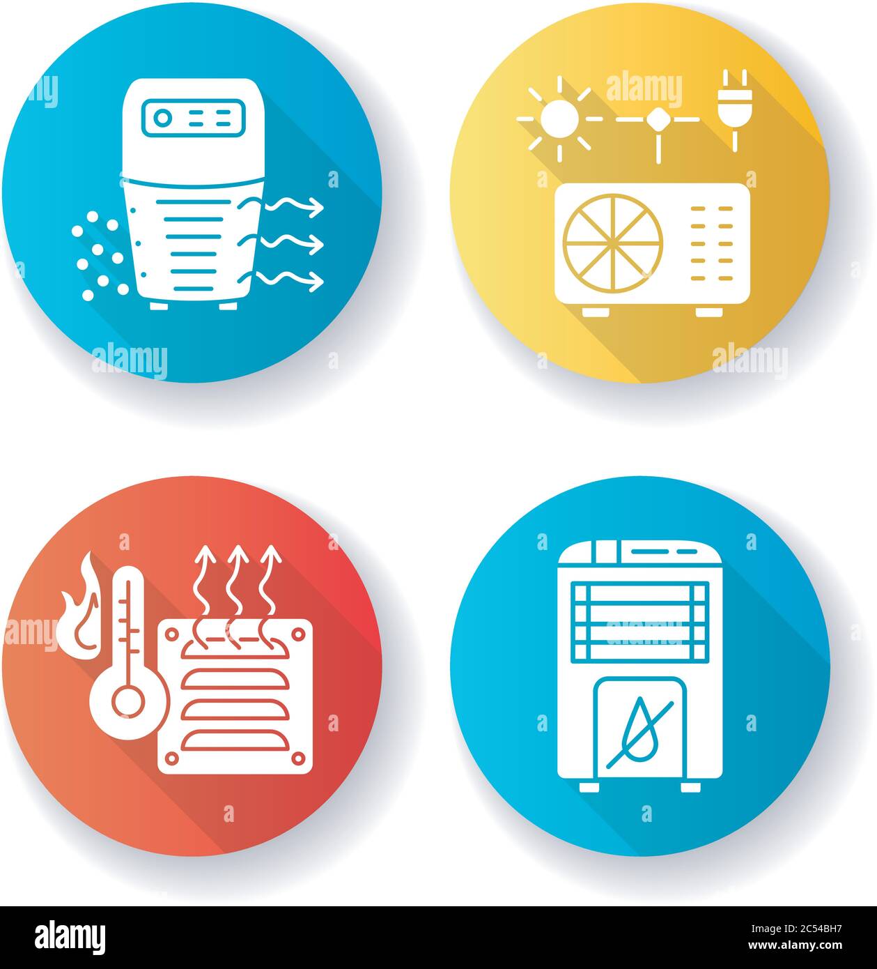 Air heating flat design long shadow glyph icons set Stock Vector