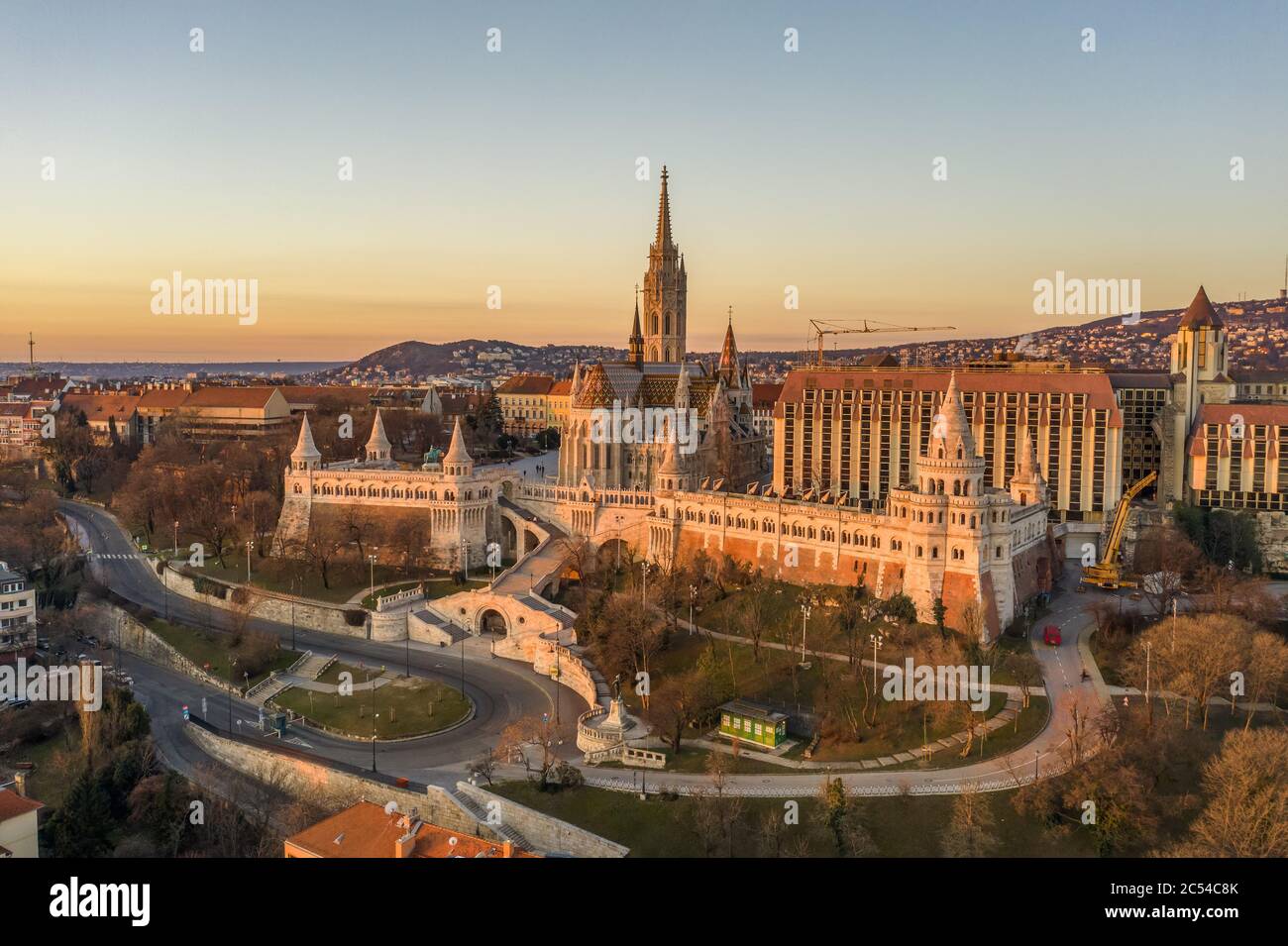 Aerial drone shot of Matthias Church on Buda hill during Budapest ...