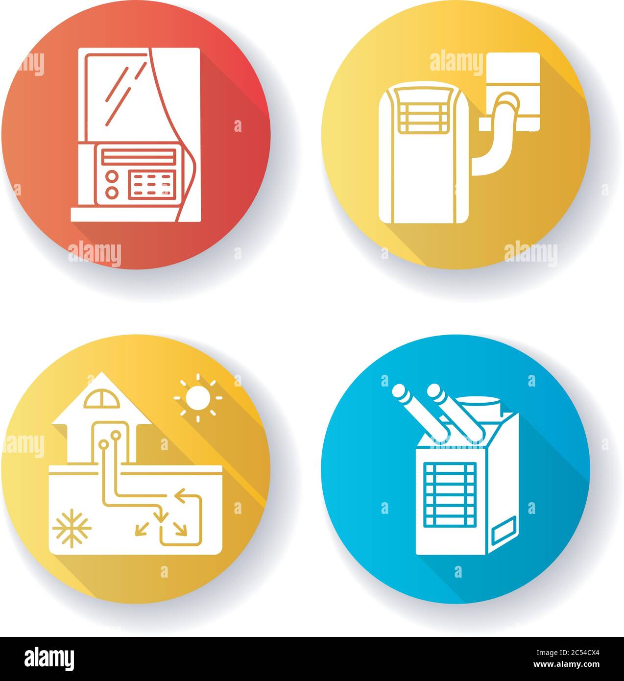 Home conditioning flat design long shadow glyph icons set Stock Vector