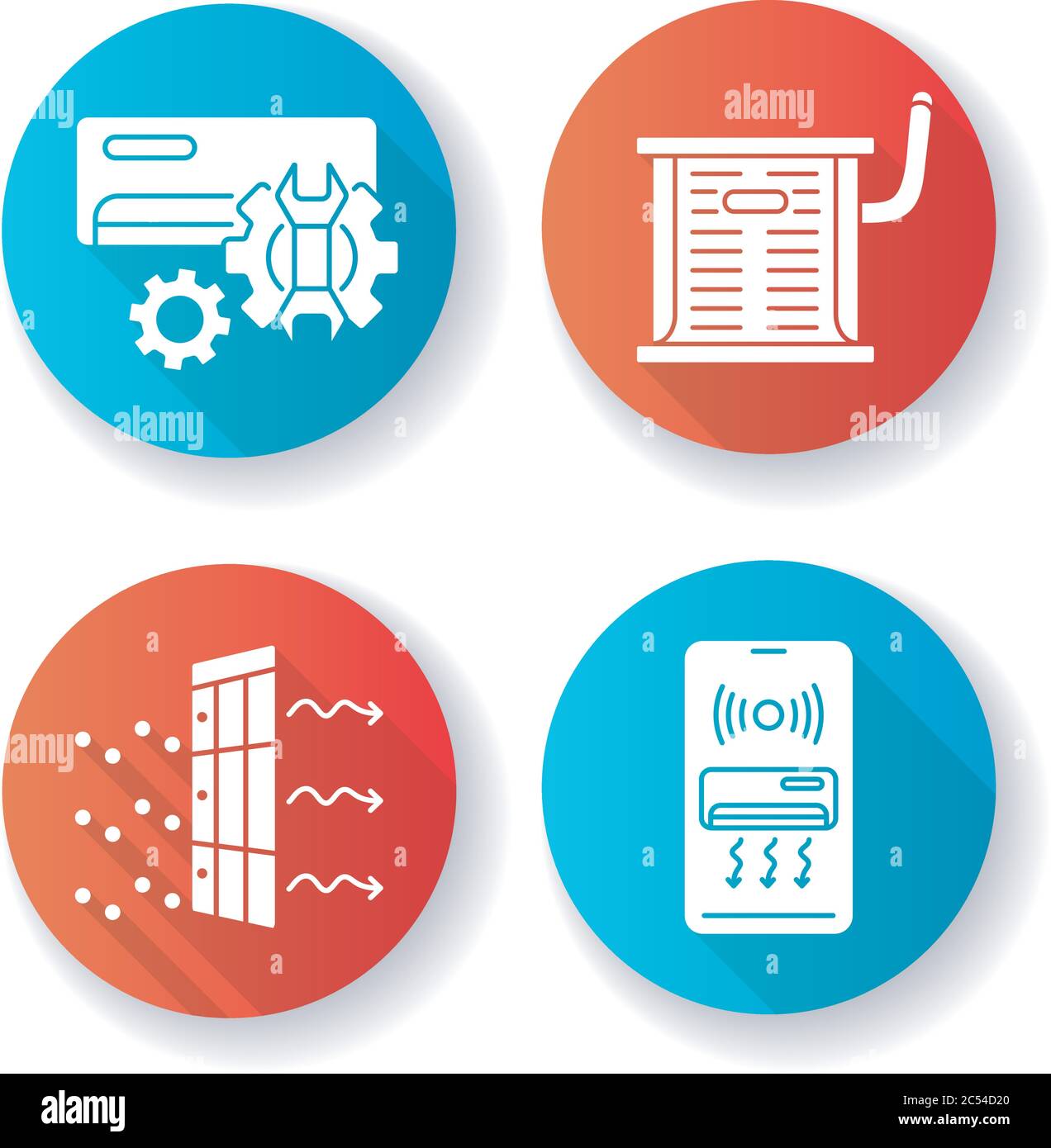 Heating and conditioning flat design long shadow glyph icons set Stock Vector
