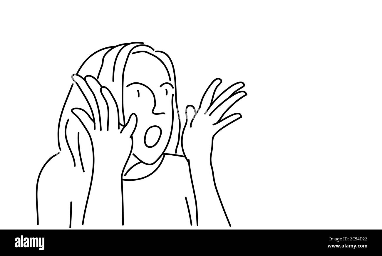 Line drawing of surprised girl with. Woman screams. Vector illustration. Stock Vector
