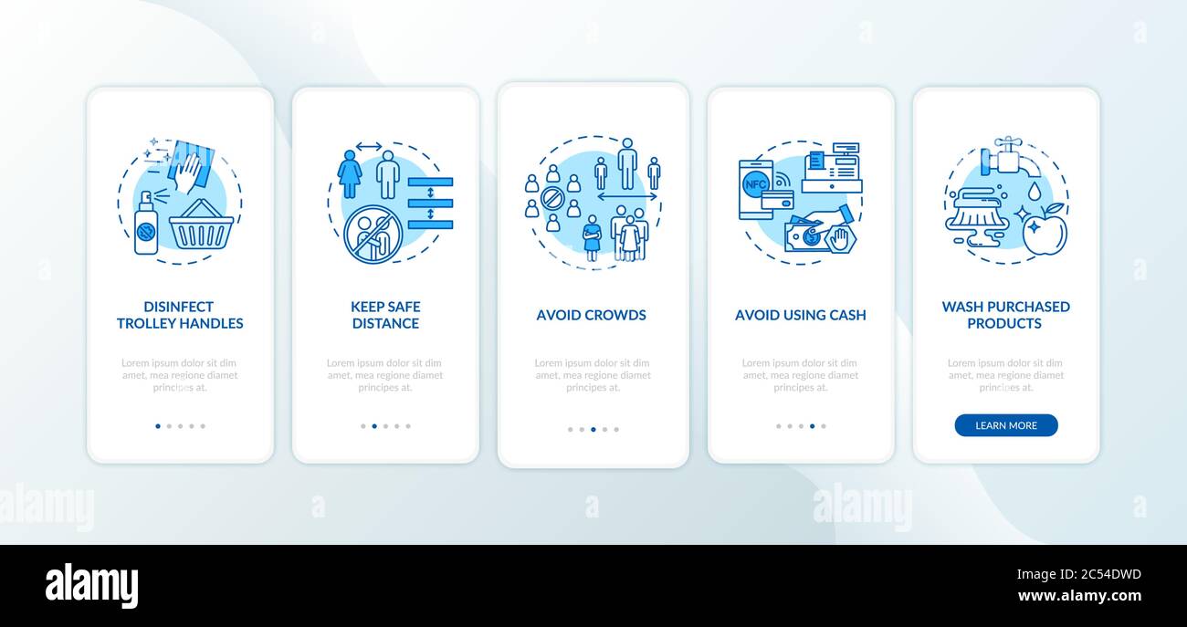 Safe shopping tips guidelines onboarding mobile app page screen with concepts Stock Vector