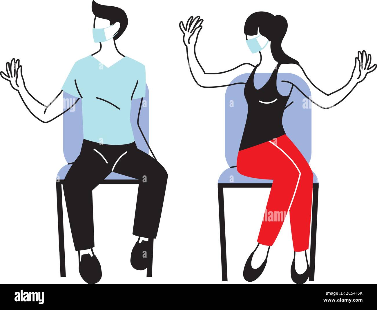 Social distancing between woman and man with masks on chairs design of ...