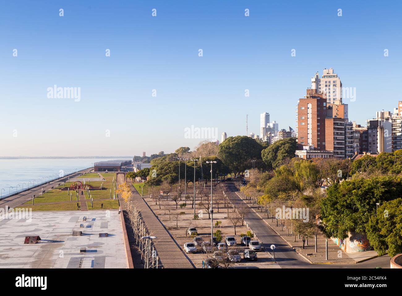 ROSARIO, ARGENTINA - JULY 6, 2019: Panoramic view of the city. Riverside park next to the Parana River. Classic promenade in the Spain Park. Stock Photo