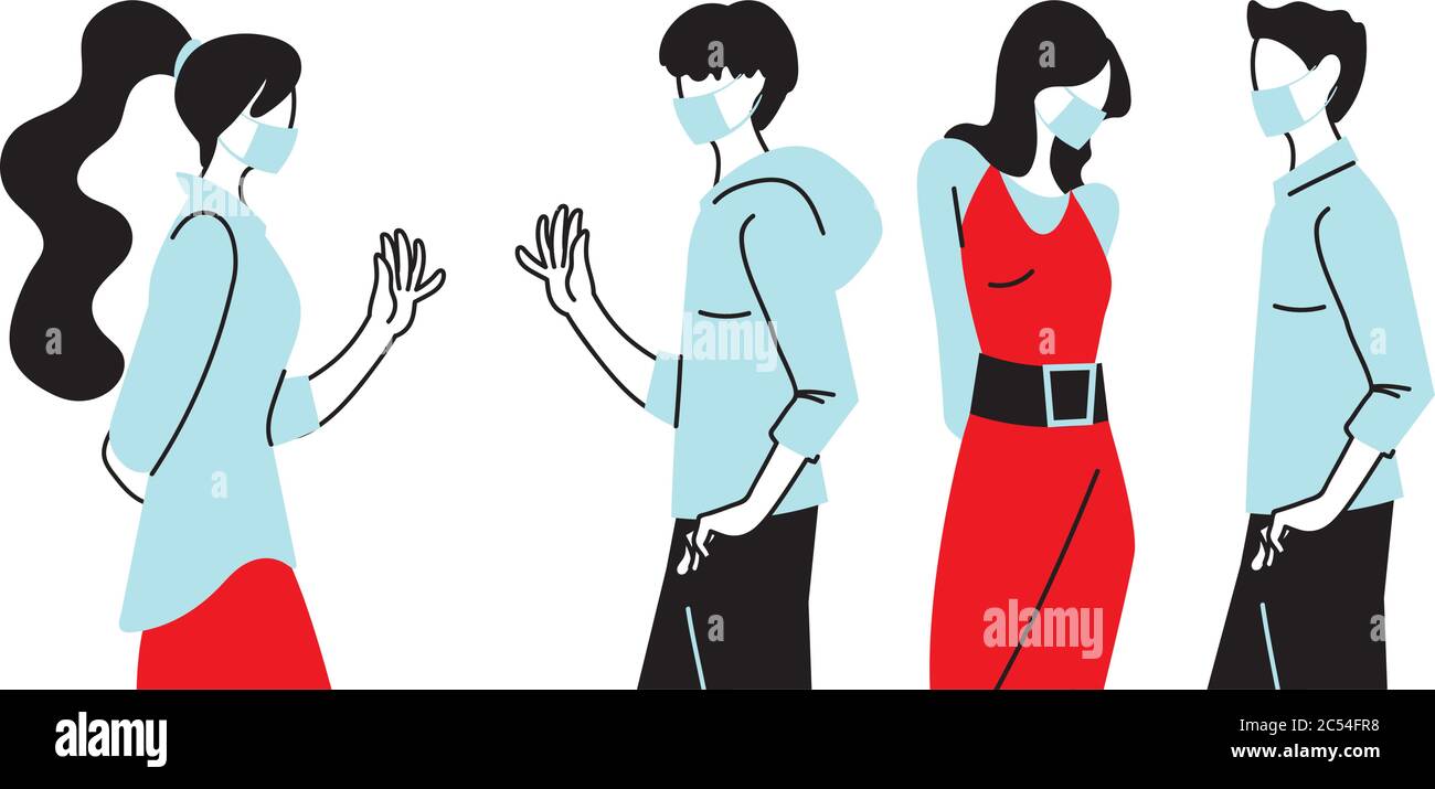 Social distancing between women and men with masks design of Covid 19 ...