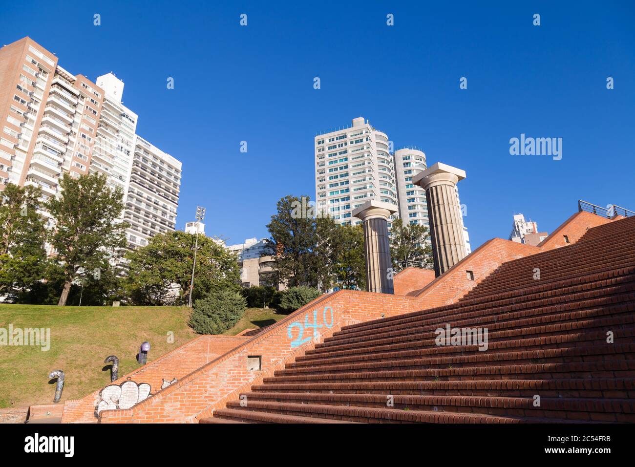 ROSARIO, ARGENTINA - JULY 6, 2019: Spain Park placed at the coast of Parana river in Rosario. View of the stairs and the columns. Stock Photo