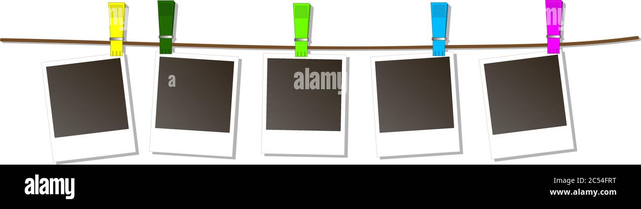 Photo Frames on Rope with colored clothespins. Vector Illustration Stock Vector
