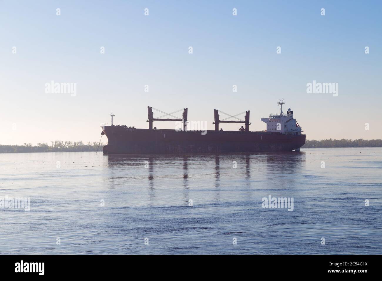 Bulk carrier. Cargo ship in the Parana river, anchored in front of the coast of Rosario, Argentina. The boat waiting to be loaded with grains. Stock Photo