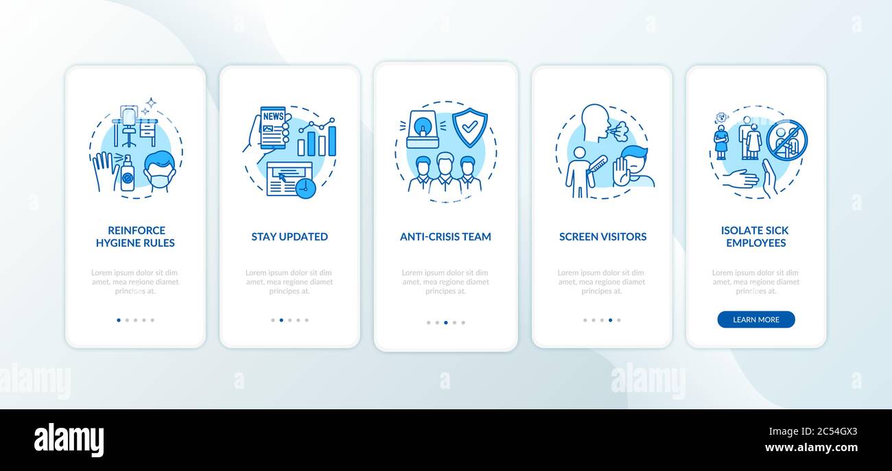 Workplace safety guidelines onboarding mobile app page screen with ...